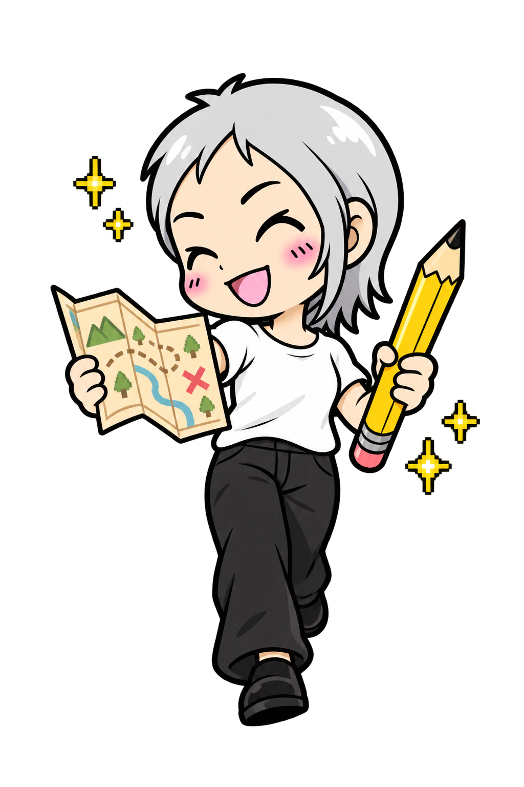 地図と鉛筆を持って一歩を踏み出す、ひとみんの案内キャラクター