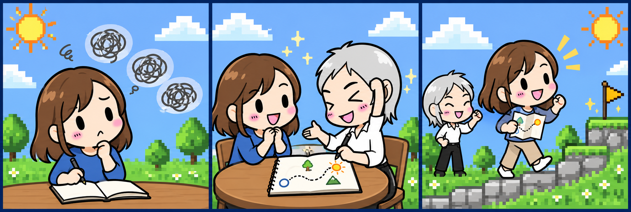 迷っている人が、ひとみんとの対話と図解を経て、自分の地図を持ち小さな一歩を選ぶ3場面